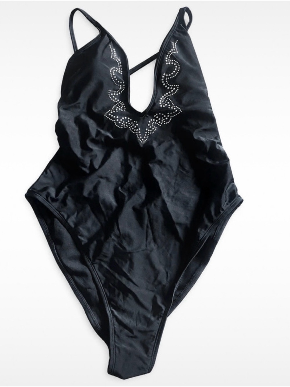NWOT-Black One-Piece Swimsuit with Rhinestone Accent-Size L